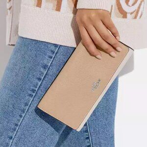 Coach Slim Trifold Wallet Refined Pebble Leather Sandy Beige MultiColor NWT $250